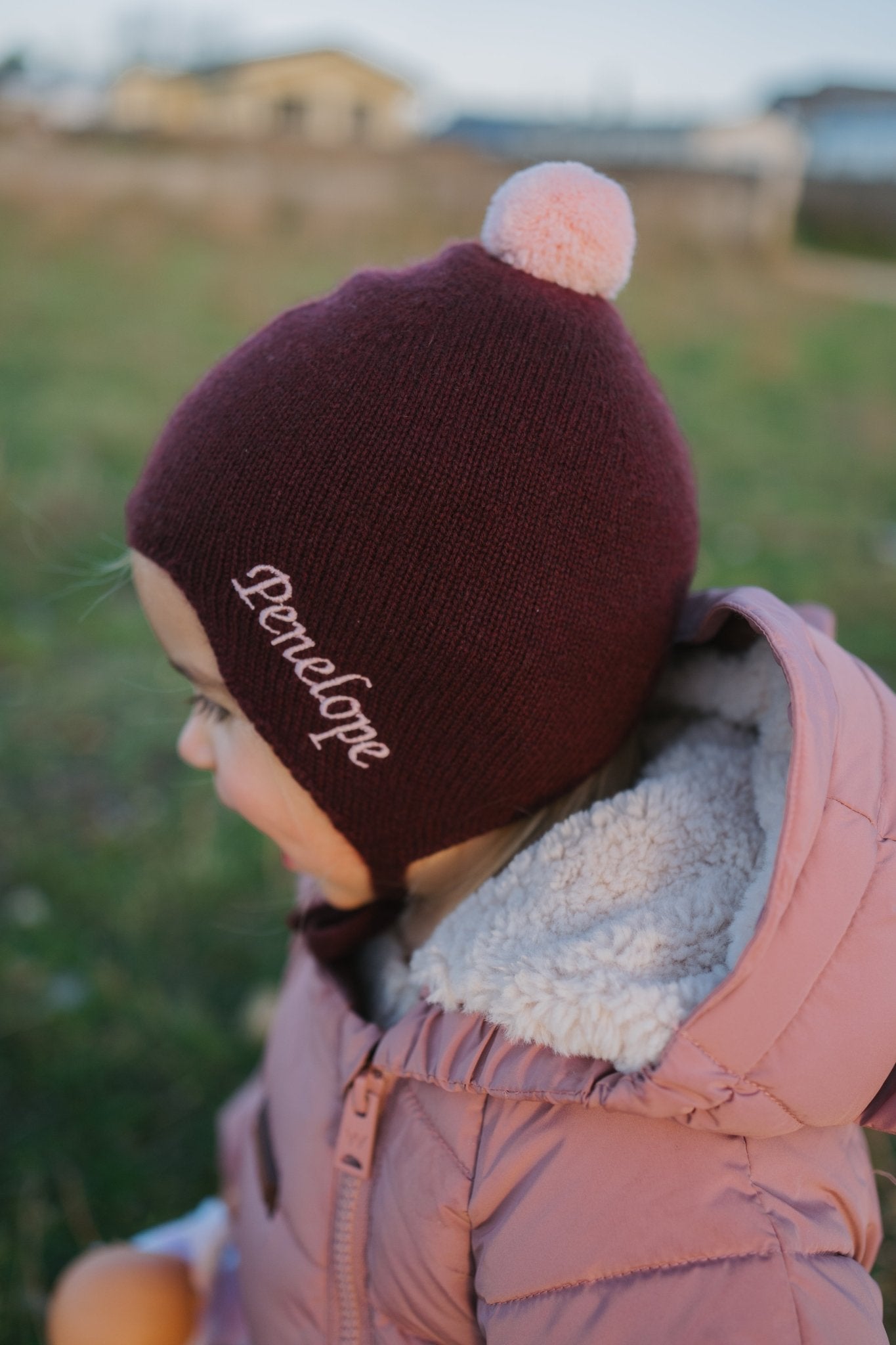 Cashmere Baby Bonnet, Kirsch with Marshmallow Pom - Pom Rosie Sugden