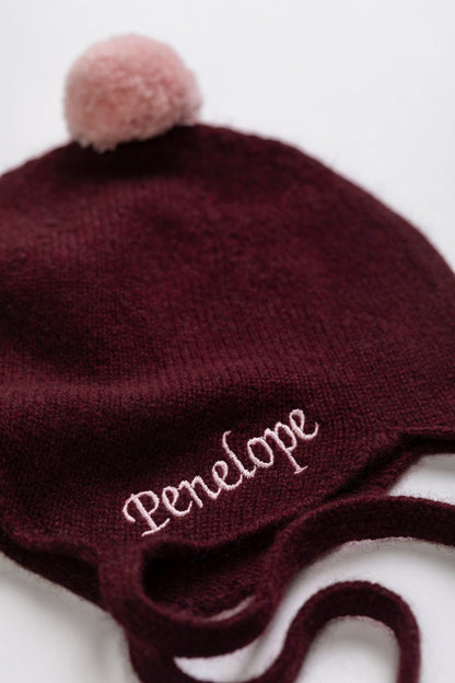 Cashmere Baby Bonnet, Kirsch with Marshmallow Pom - Pom Rosie Sugden