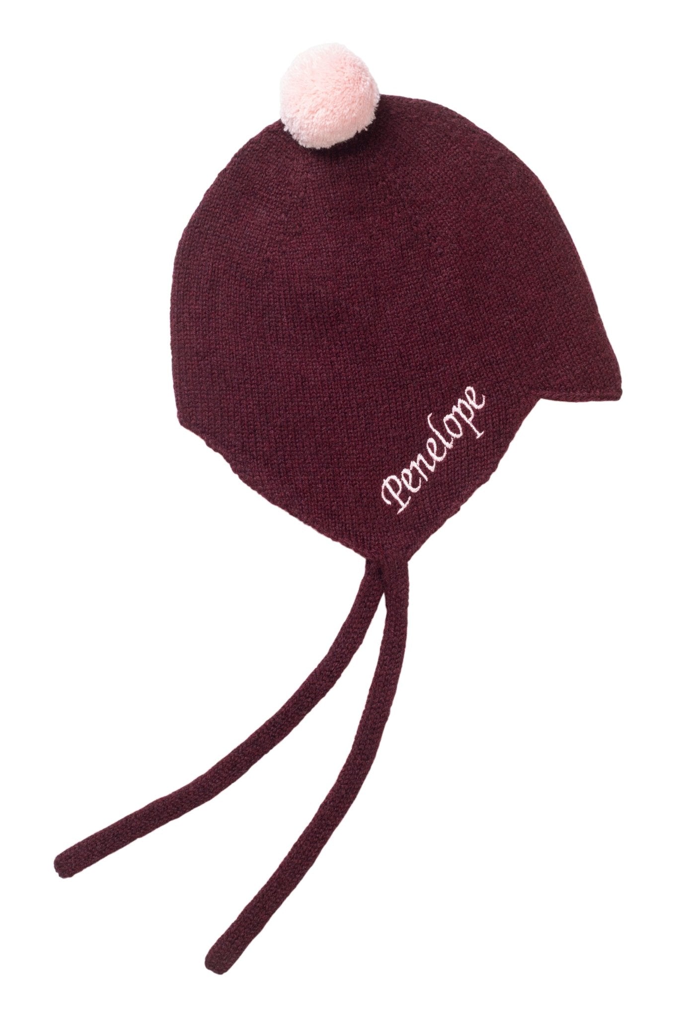 Cashmere Baby Bonnet, Kirsch with Marshmallow Pom - Pom Rosie Sugden
