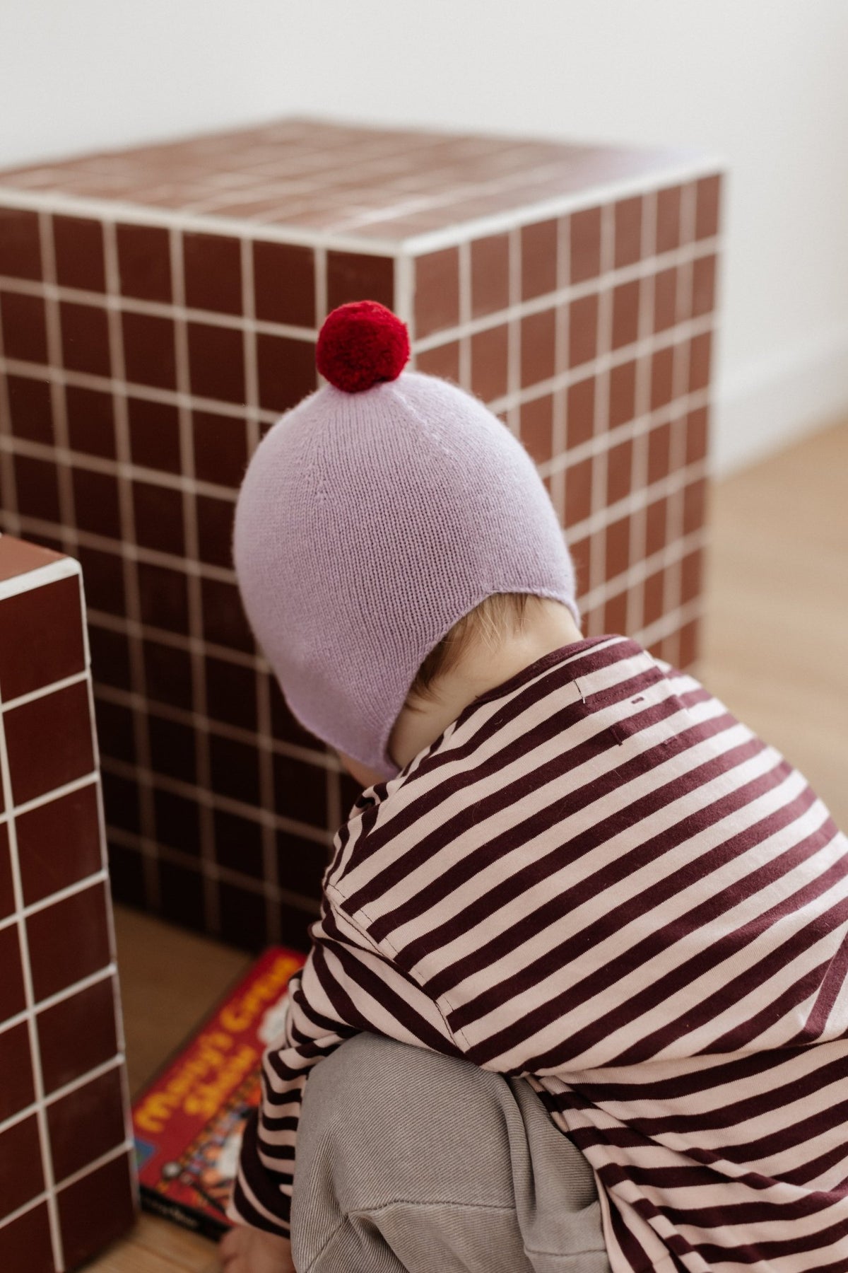 Cashmere Baby Bonnet, Lupin with Chianti Pom - Pom Rosie Sugden