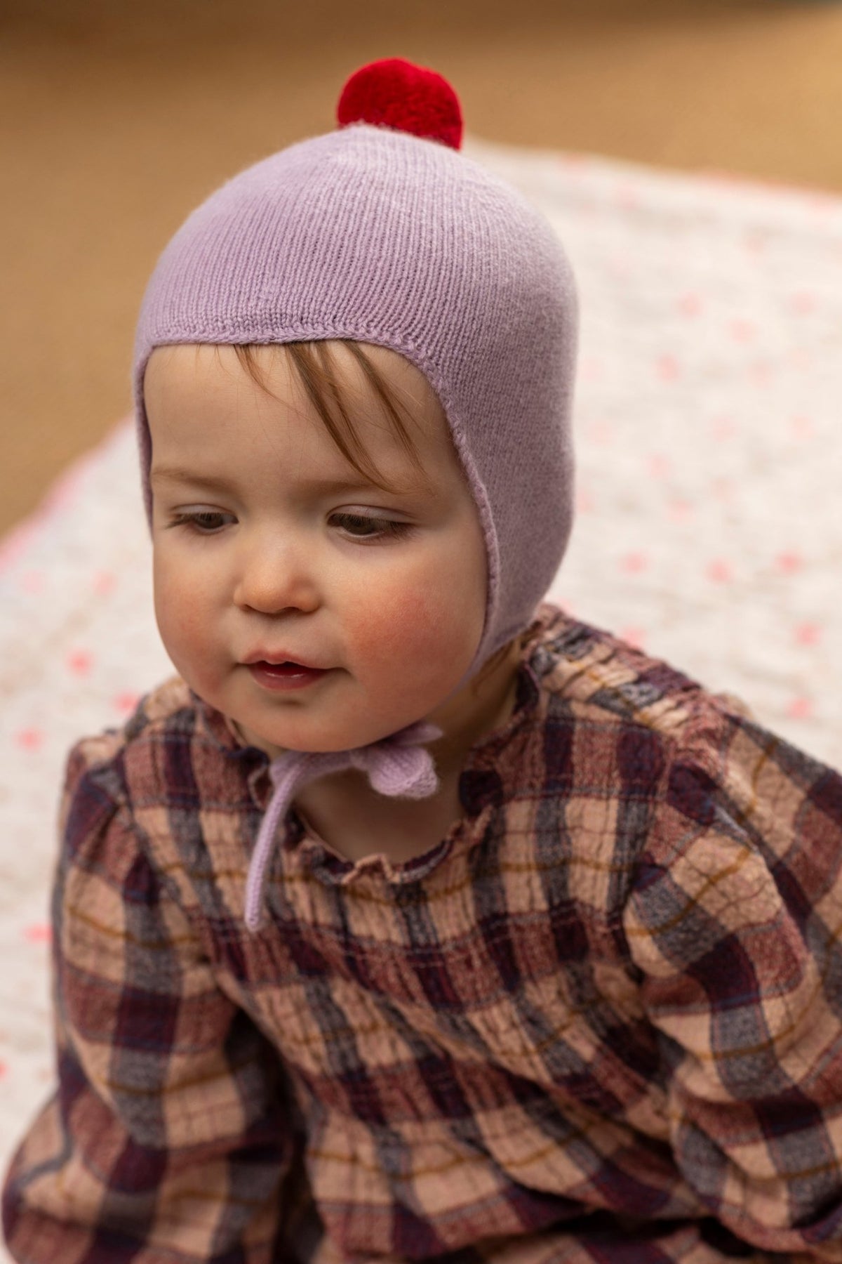 Cashmere Baby Bonnet, Lupin with Chianti Pom - Pom Rosie Sugden