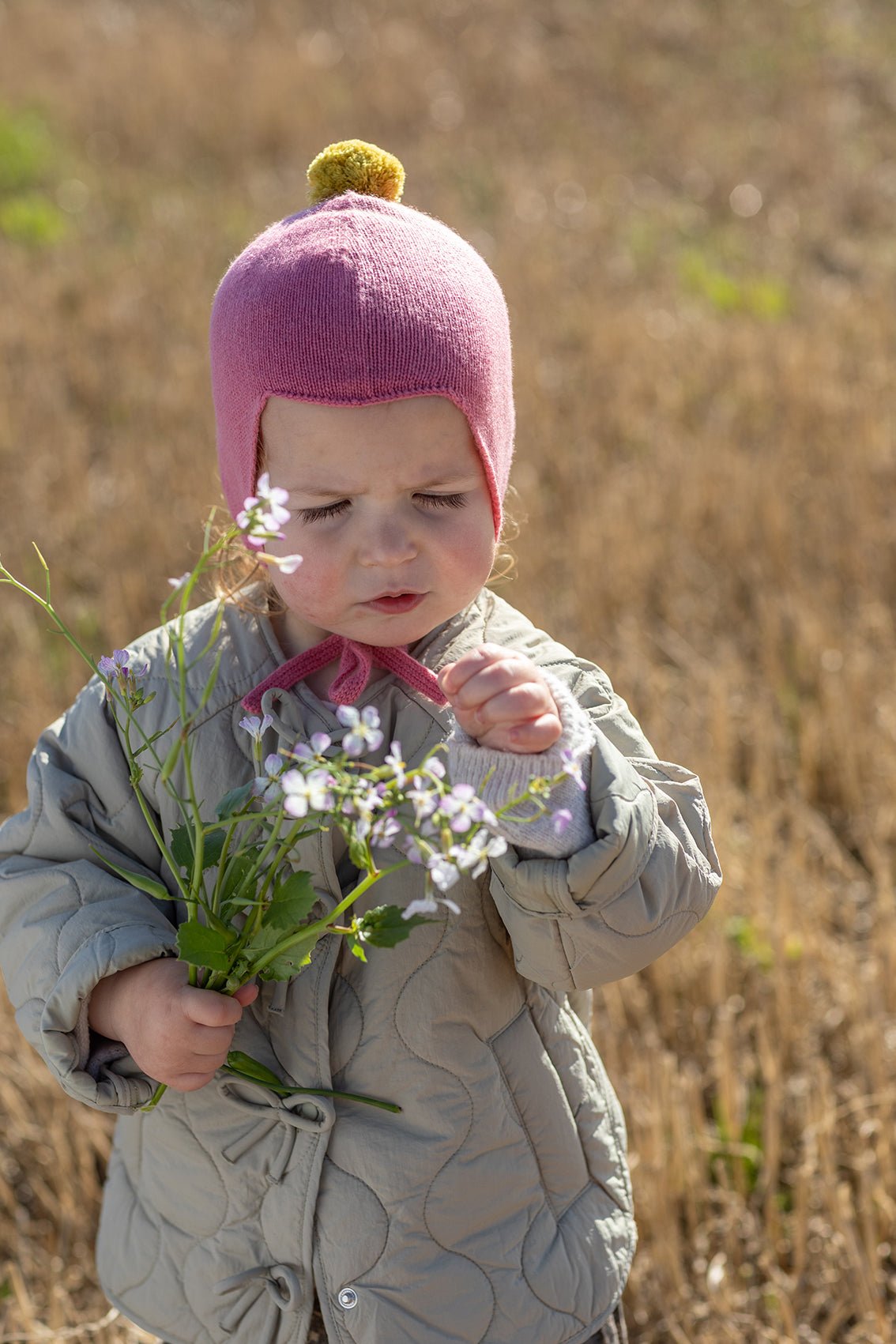 Cashmere Baby Bonnet, Venetian Rose with Gold Dust Pom - Pom Rosie Sugden