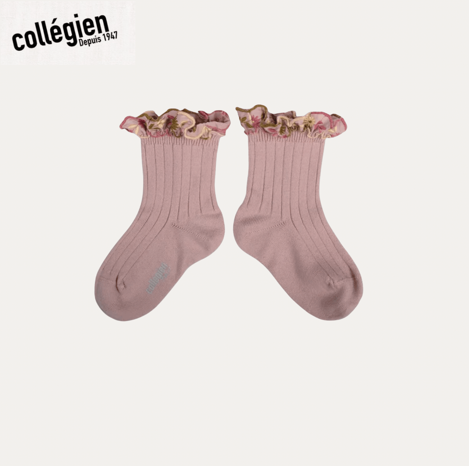 Collégien Anémone Embroidered Ruffle Ribbed Ankle Socks – Vieux Rose Collégien