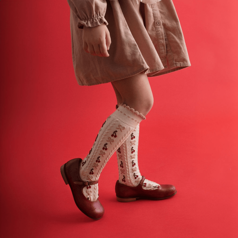 Collégien Cerise Jacquard Cherries &amp; Bows Knee - high Socks – Vieux Rose Collégien