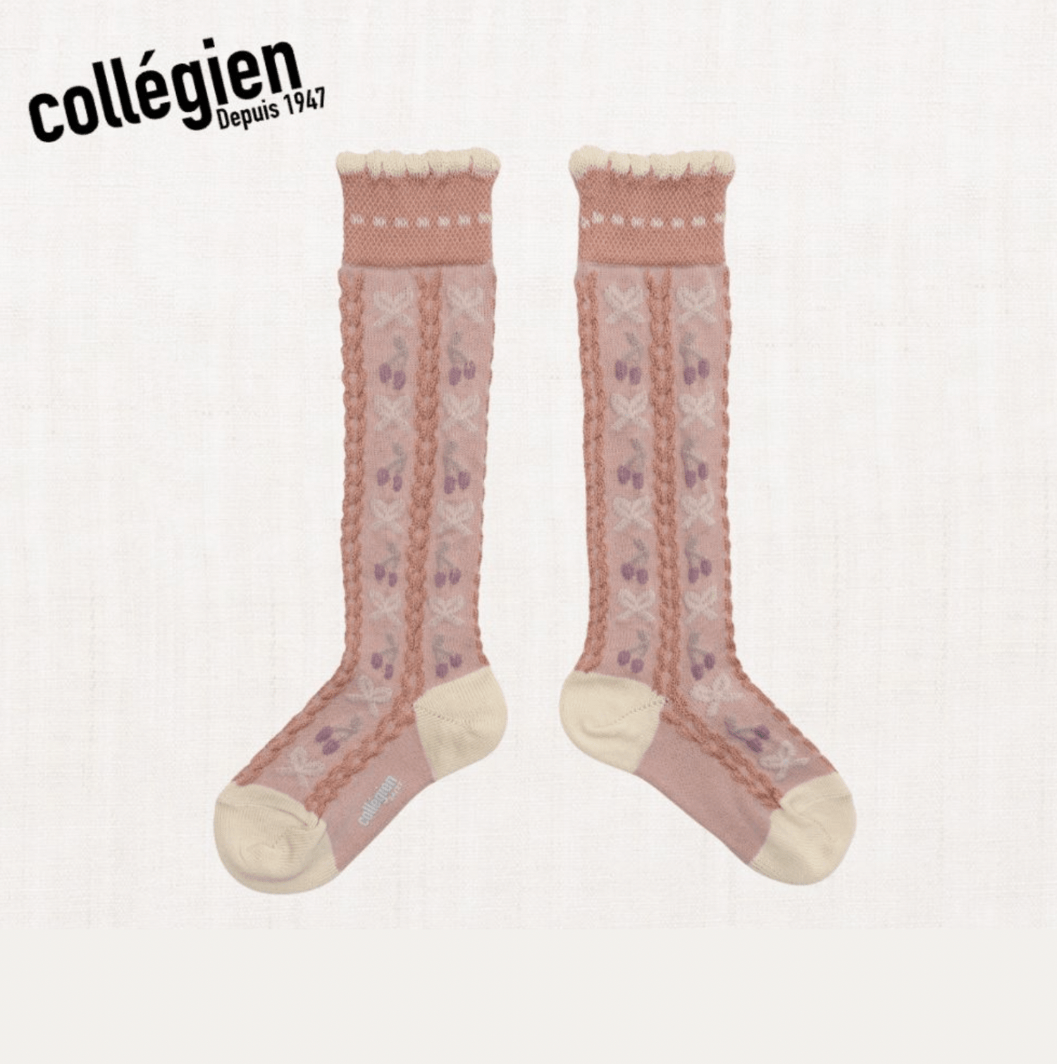 Collégien Cerise Jacquard Cherries &amp; Bows Knee - high Socks – Vieux Rose Collégien