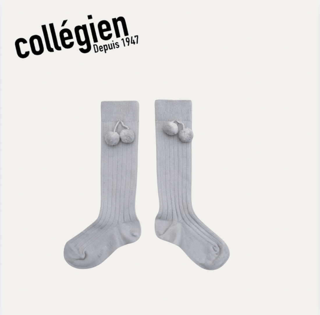 Collégien Diane Ribbed Knee Socks with Pom Poms –Gris Perle Collégien