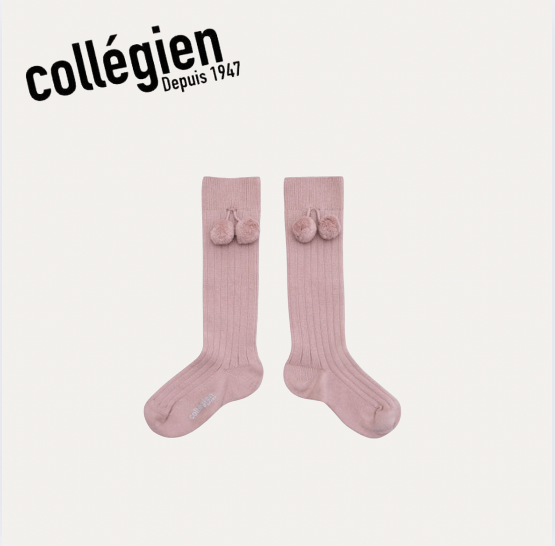 Collégien Diane Ribbed Knee Socks with Pom Poms –Vieux Rose Collégien