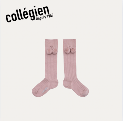 Collégien Diane Ribbed Knee Socks with Pom Poms –Vieux Rose Collégien