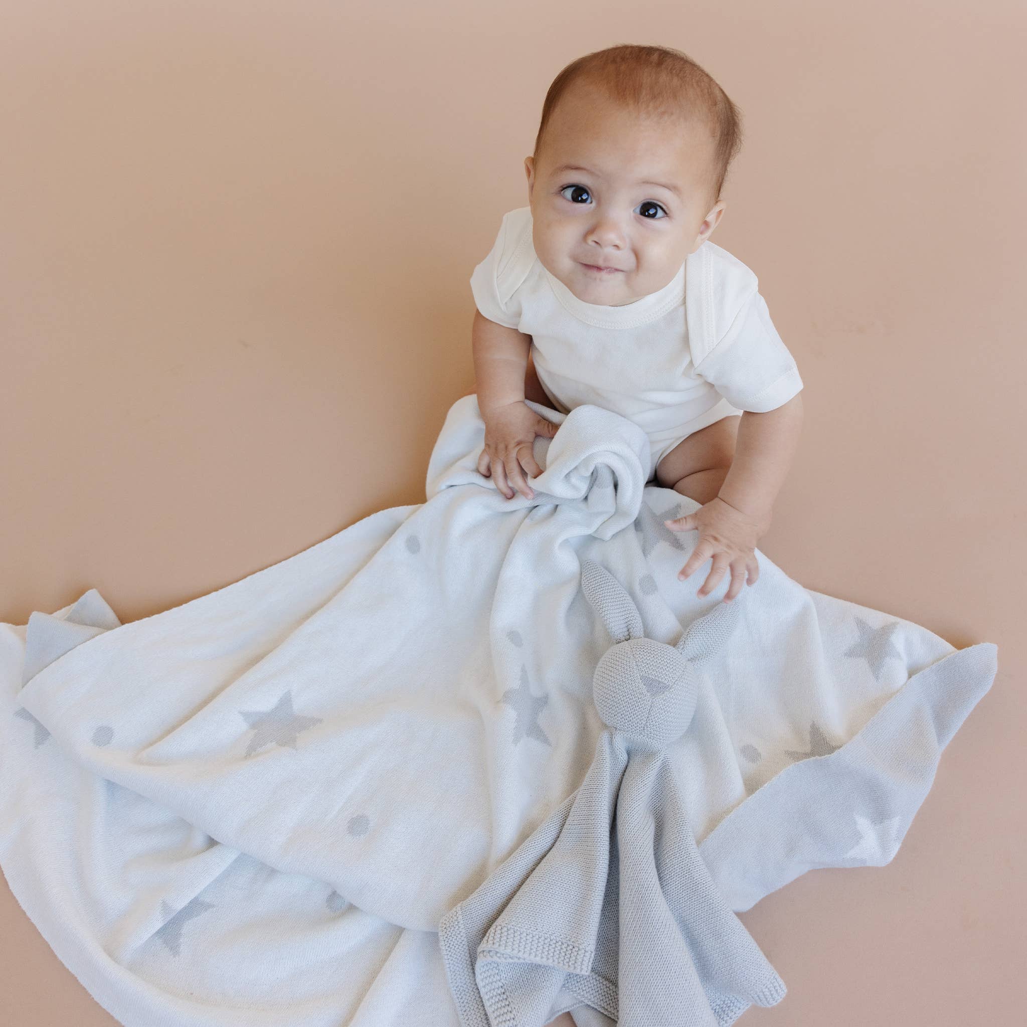 The Blueberry Hill - Set Star Moon Bunny Blanket Lovey Gift Baby Shower Organic: Blanket + Cream Lovey