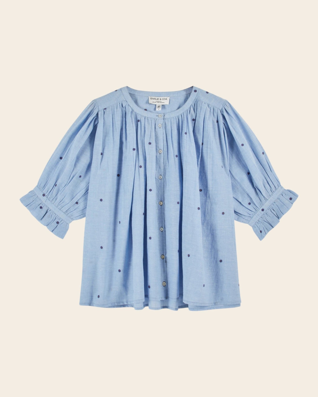 Emile et Ida Blouse - Khadi brodé fleurs bleu Emile et Ida