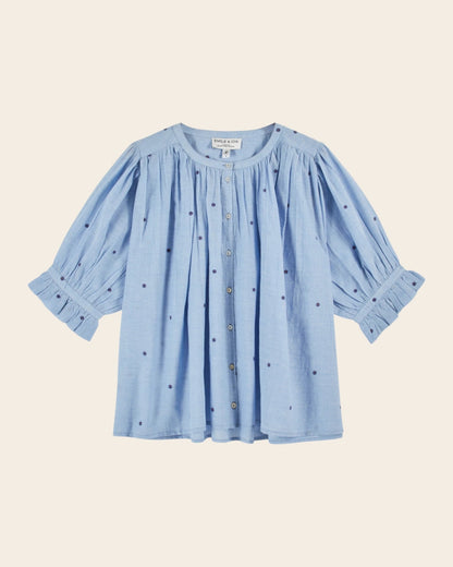 Emile et Ida Blouse - Khadi brodé fleurs bleu Emile et Ida