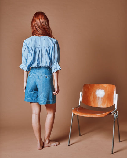 Emile et Ida Blouse - Khadi brodé fleurs bleu Emile et Ida