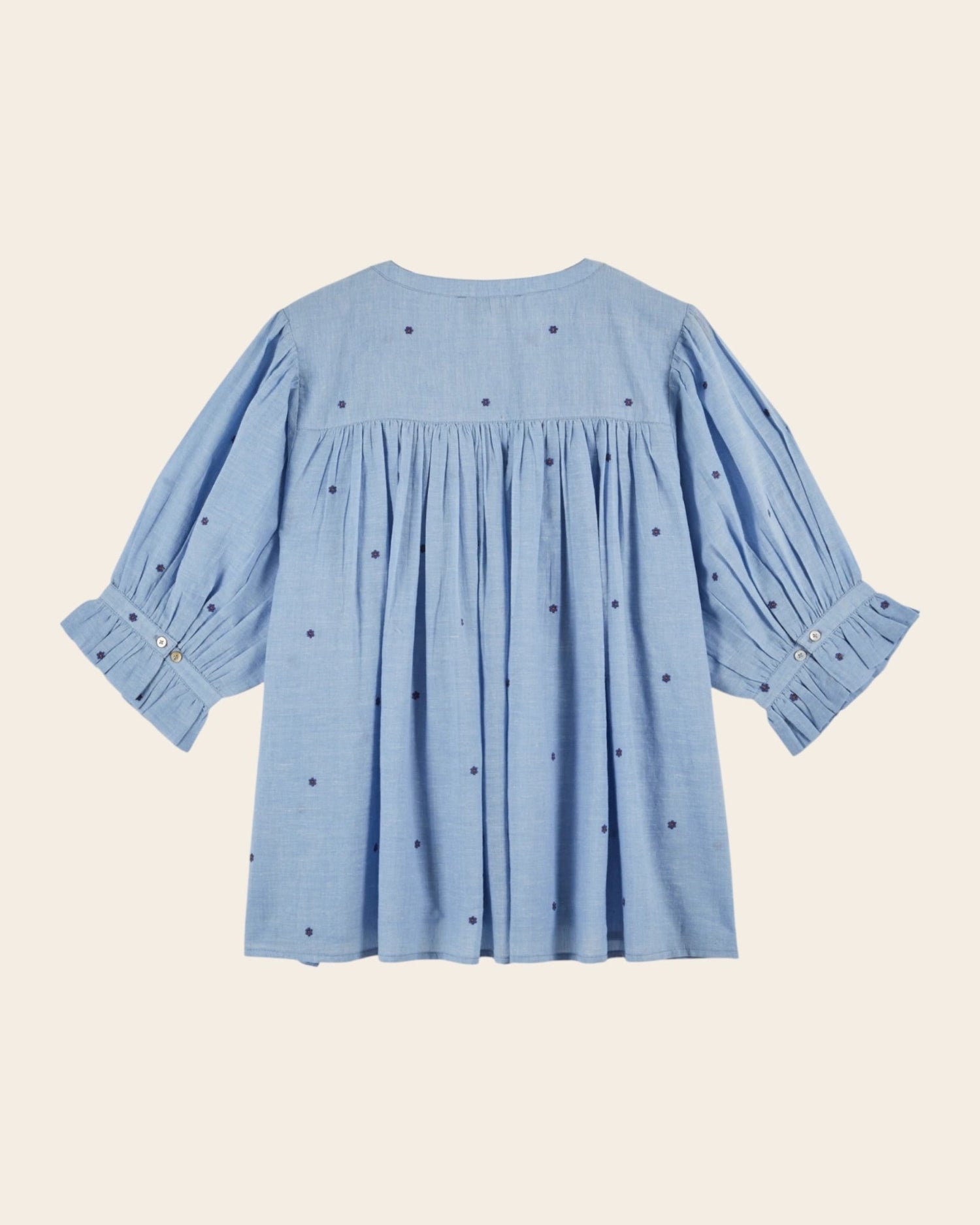 Emile et Ida Blouse - Khadi brodé fleurs bleu Emile et Ida