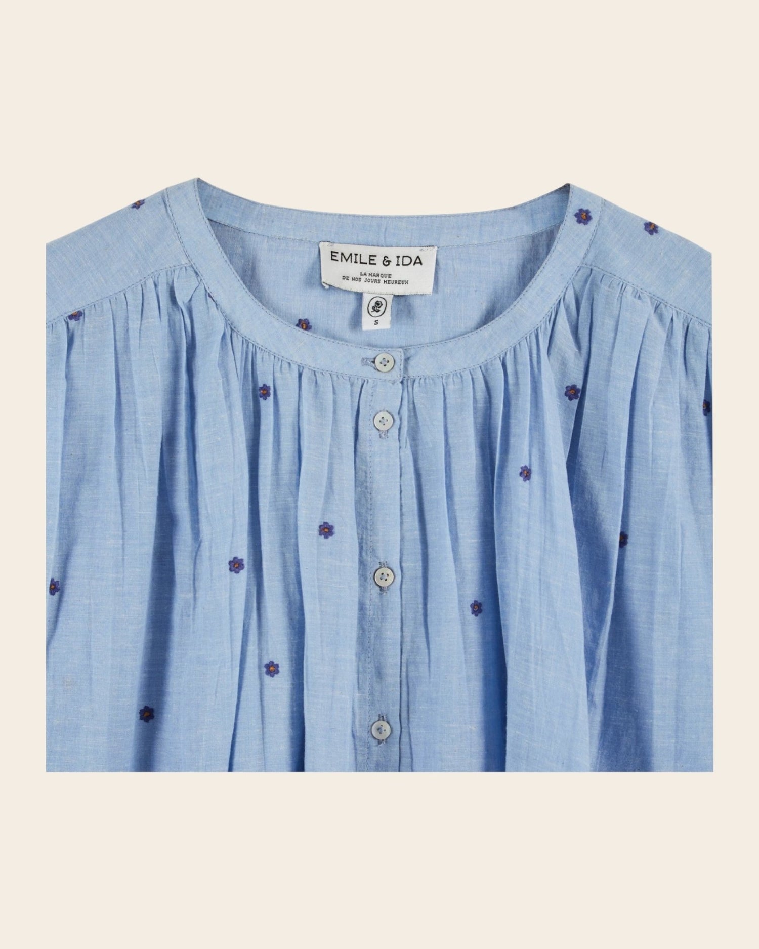 Emile et Ida Blouse - Khadi brodé fleurs bleu Emile et Ida