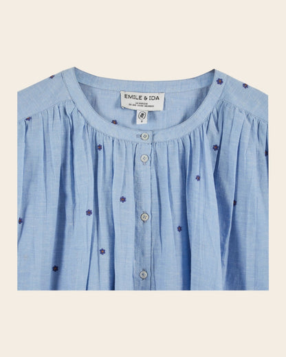 Emile et Ida Blouse - Khadi brodé fleurs bleu Emile et Ida