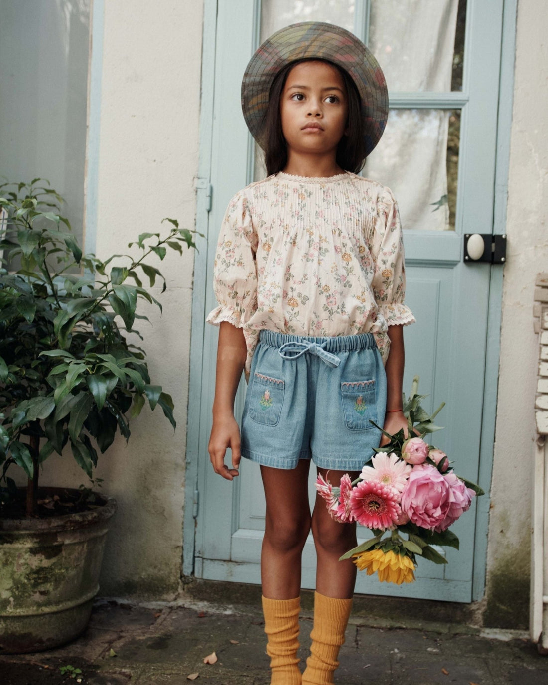 Emile et Ida Blue Denim Girls Shorts – Embroidered Pockets Emile et ida