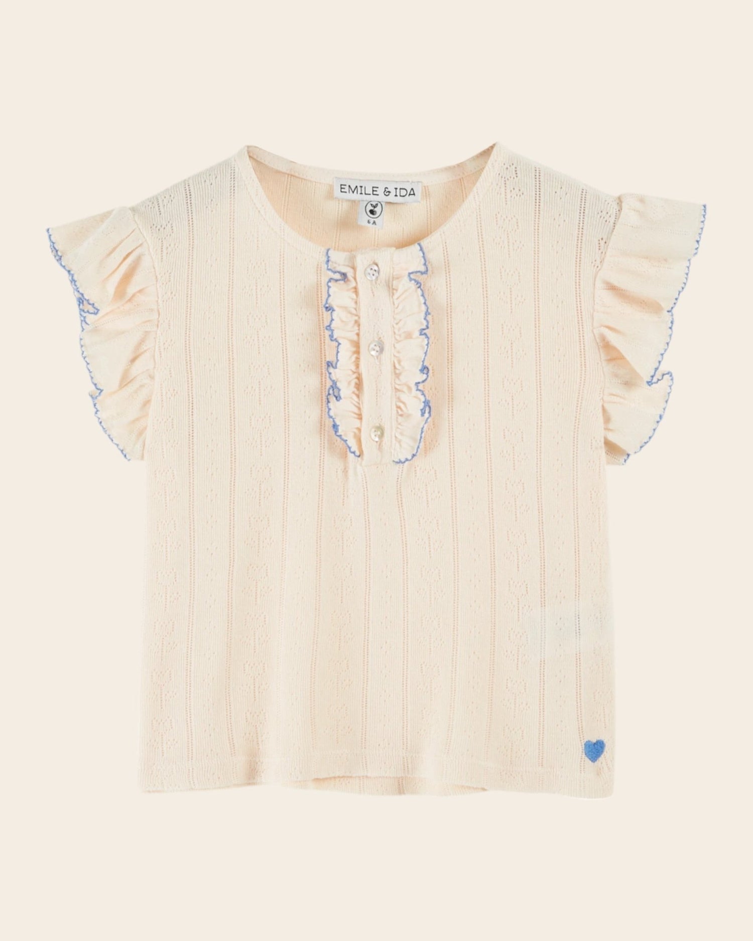 Emile et Ida Cream Pointelle Modal T-Shirt – Ruffle Sleeve Girls Top Emile et ida