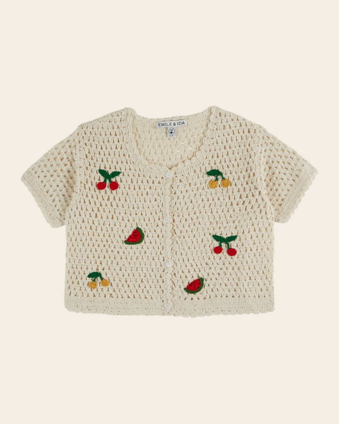 Emile et Ida Crochet Fruit Cardigan – Cream Cotton Girls Knit Emile et ida