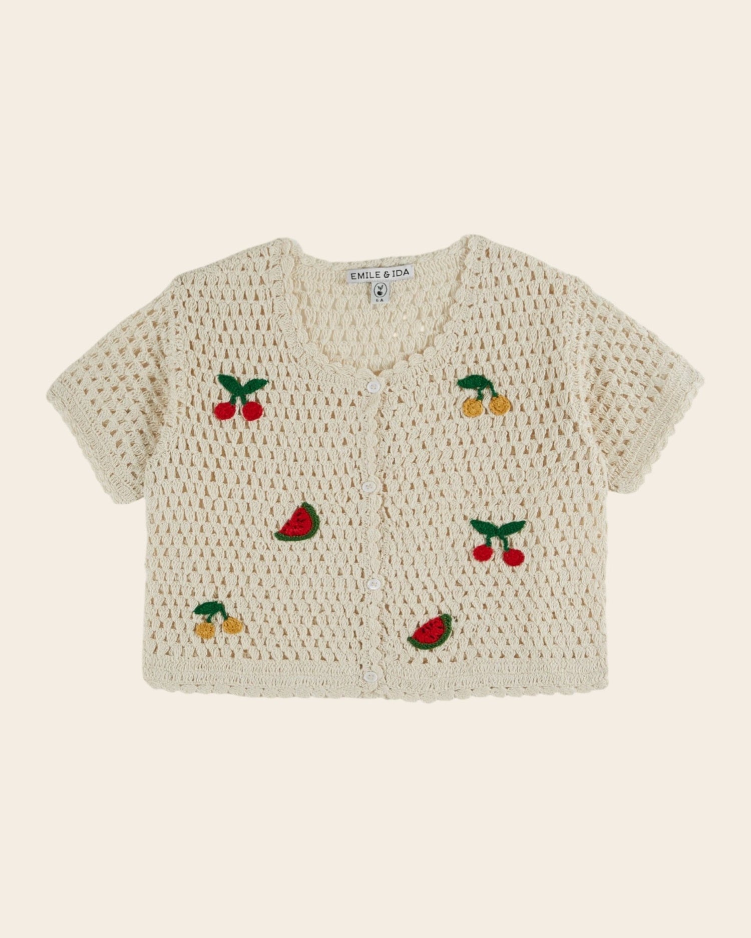 Emile et Ida Crochet Fruit Cardigan – Cream Cotton Girls Knit Emile et ida