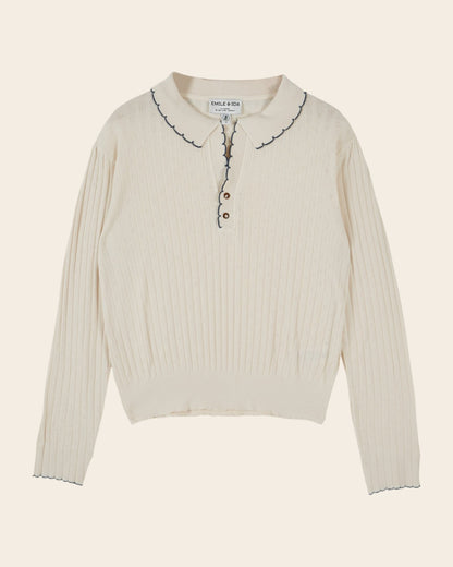 Emile et Ida Ecru Pointelle Long-Sleeve Polo