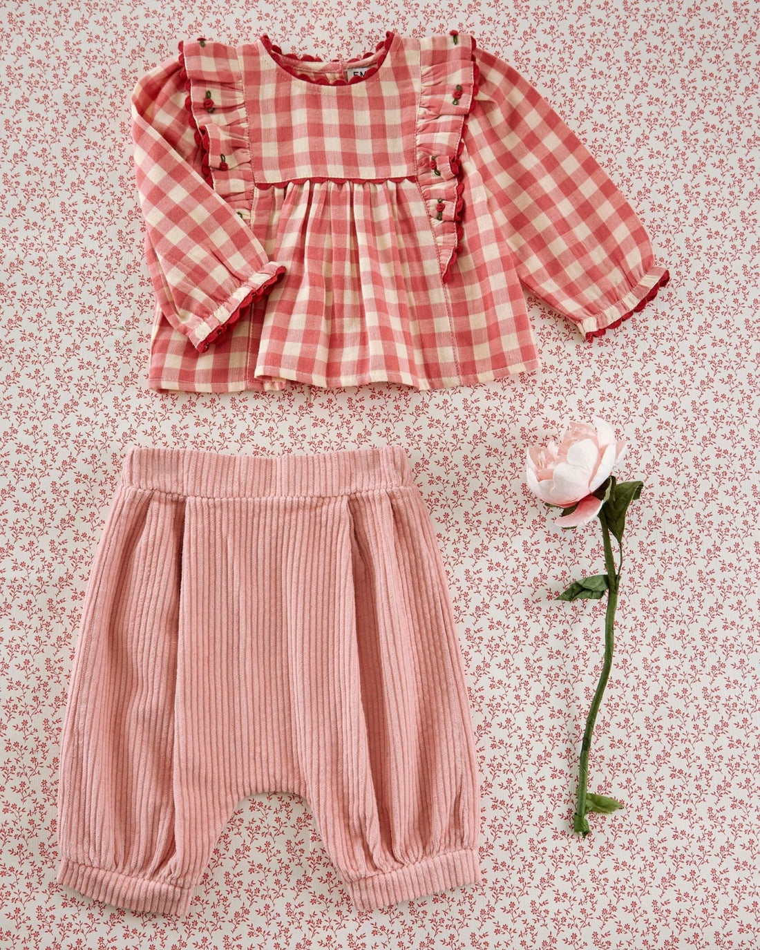 Emile et Ida Gingham Ruffled Blouse – Pink &amp; Ecru Cotton Top for Baby &amp; Girl Emile et ida