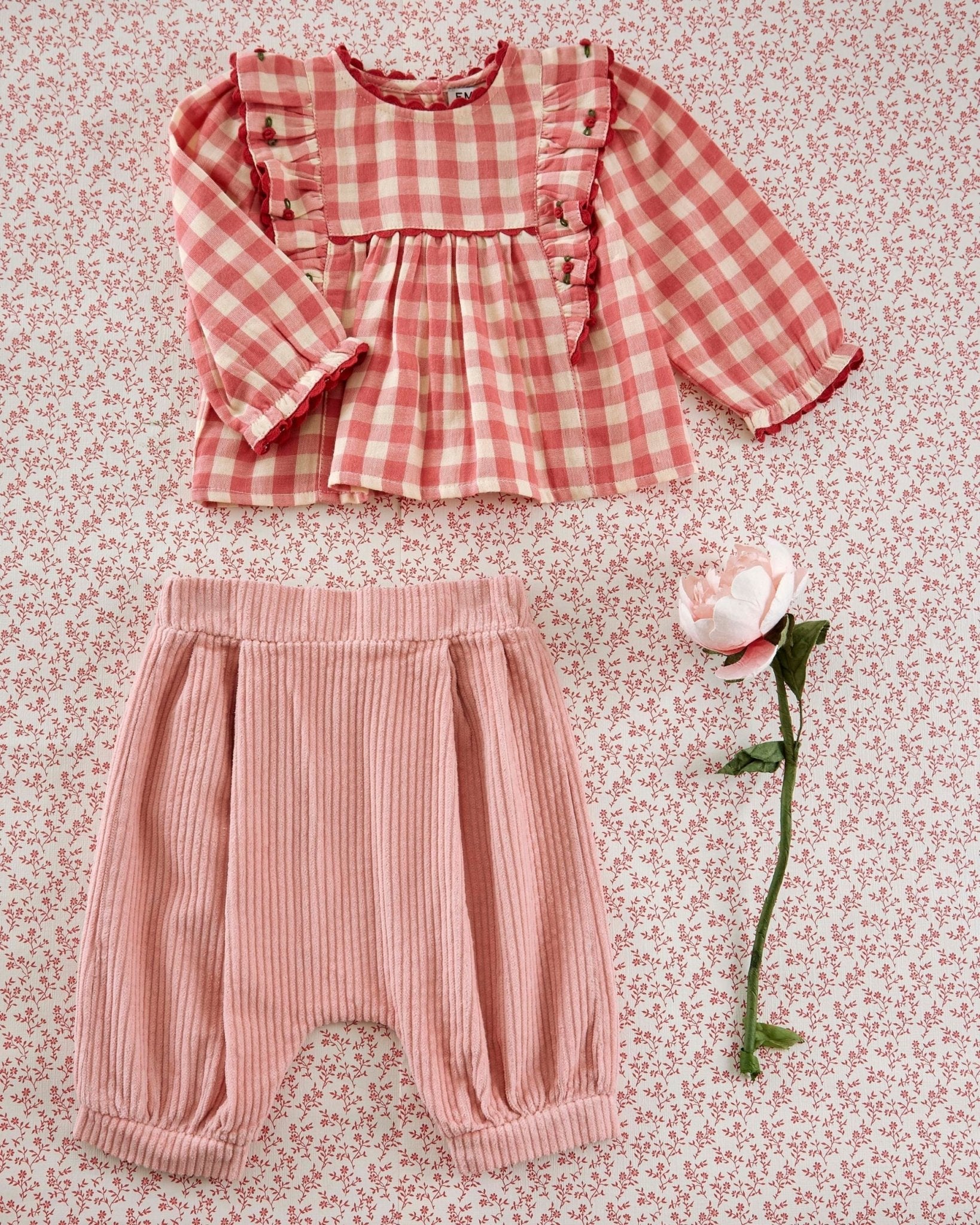 Emile et Ida Gingham Ruffled Blouse – Pink &amp; Ecru Cotton Top for Baby &amp; Girl Emile et ida