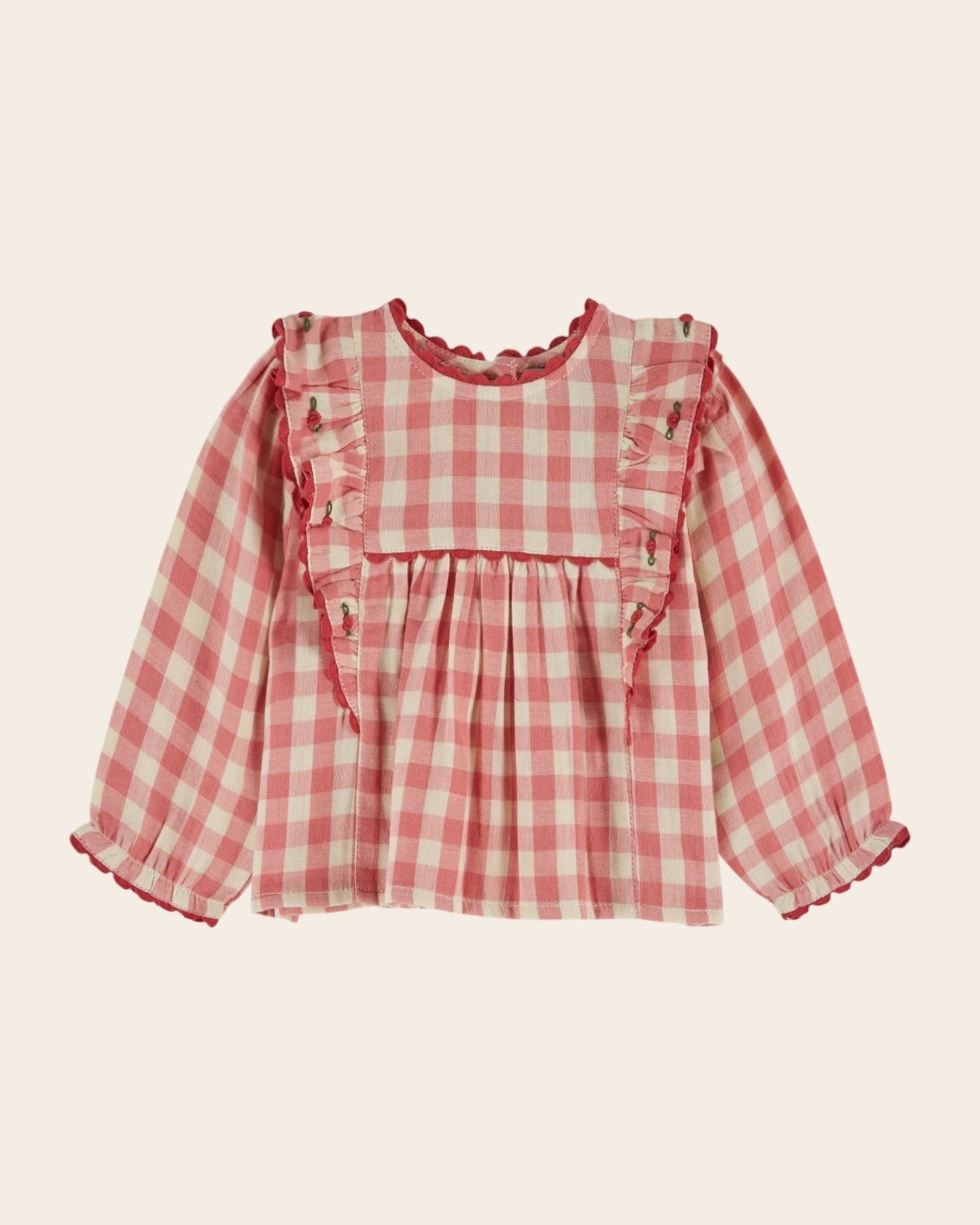 Emile et Ida Gingham Ruffled Blouse – Pink &amp; Ecru Cotton Top for Baby &amp; Girl Emile et ida