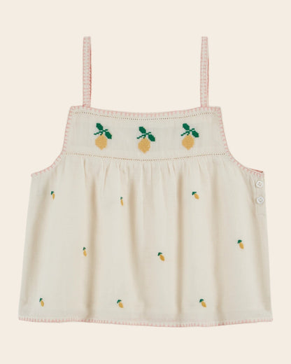 Emile et Ida Lemon Embroidered Cream Cotton Top – Girls Summer Blouse Emile et ida