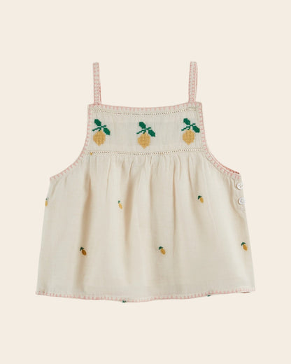 Emile et Ida Lemon Embroidered Cream Cotton Top – Girls Summer Blouse Emile et ida