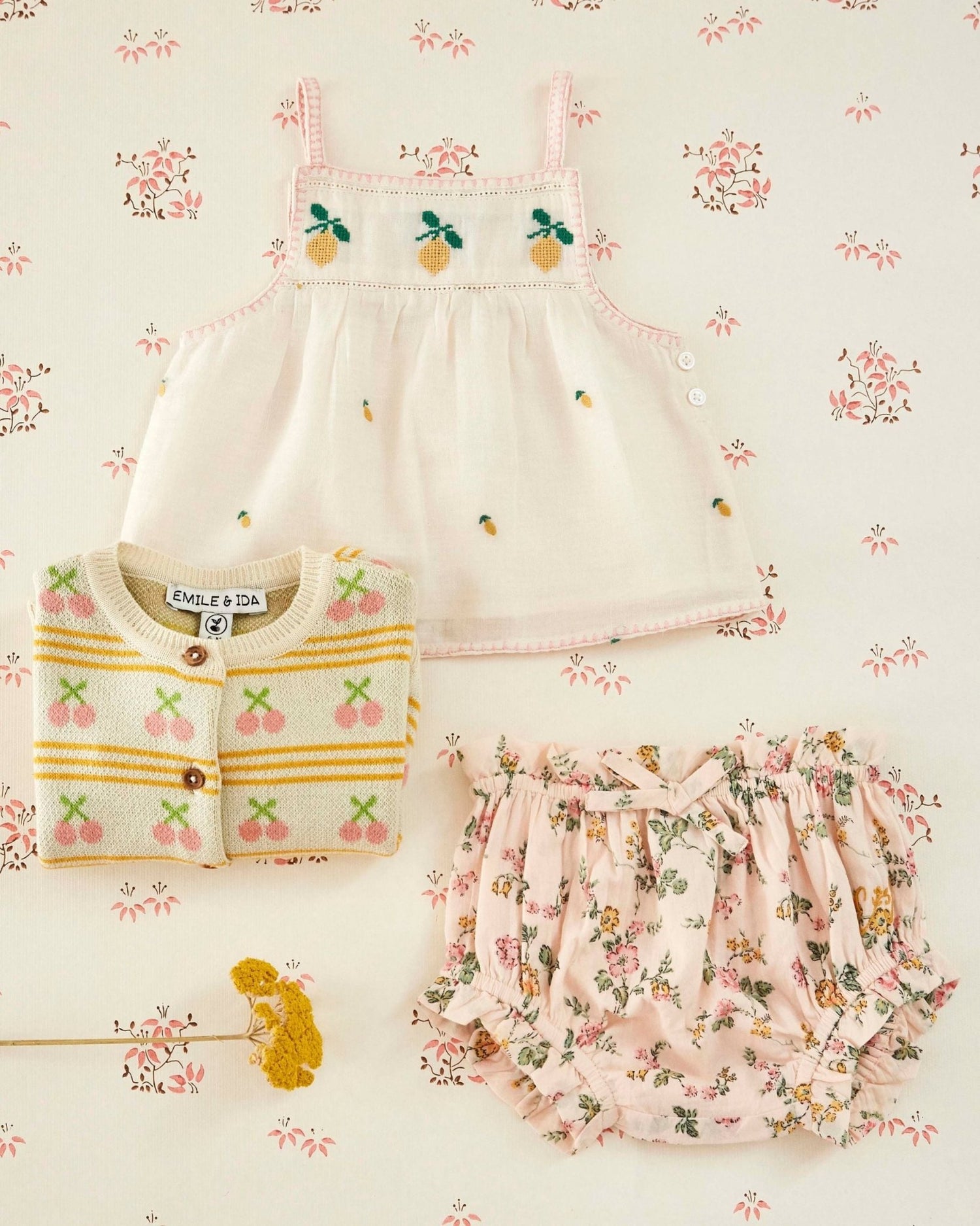 Emile et Ida Lemon Embroidered Cream Cotton Top – Girls Summer Blouse Emile et ida