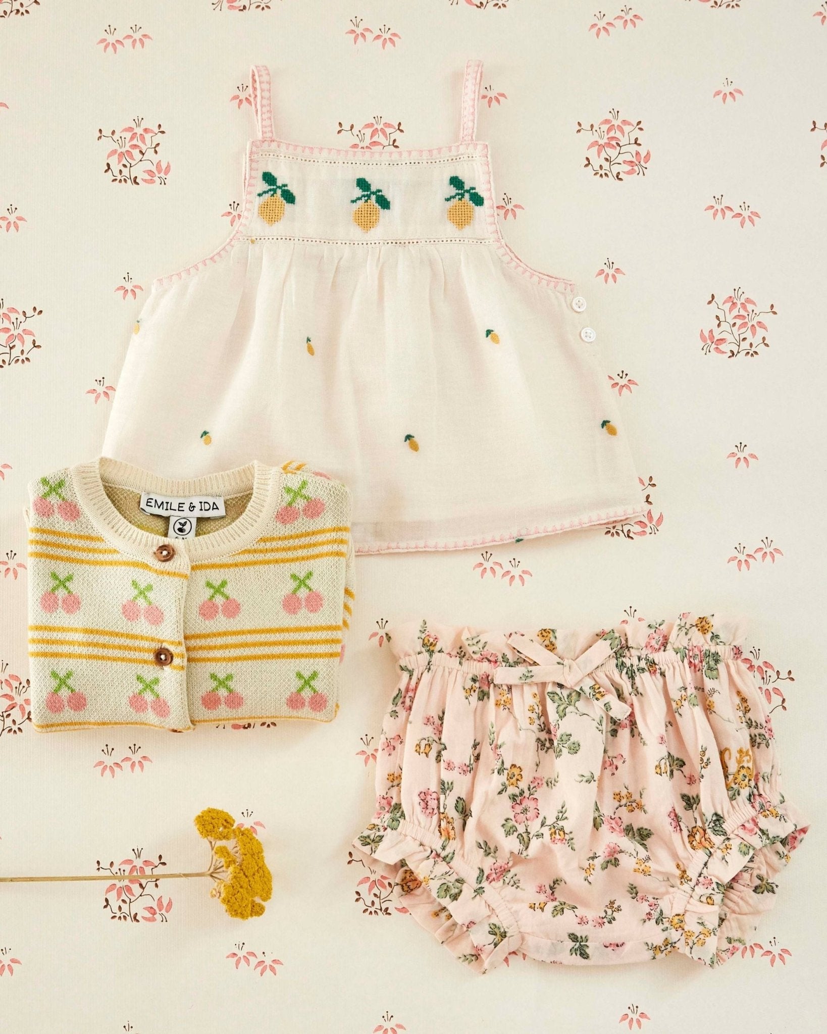 Emile et Ida Lemon Embroidered Cream Cotton Top – Girls Summer Blouse Emile et ida