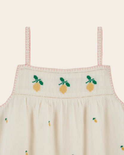 Emile et Ida Lemon Embroidered Cream Cotton Top – Girls Summer Blouse Emile et ida