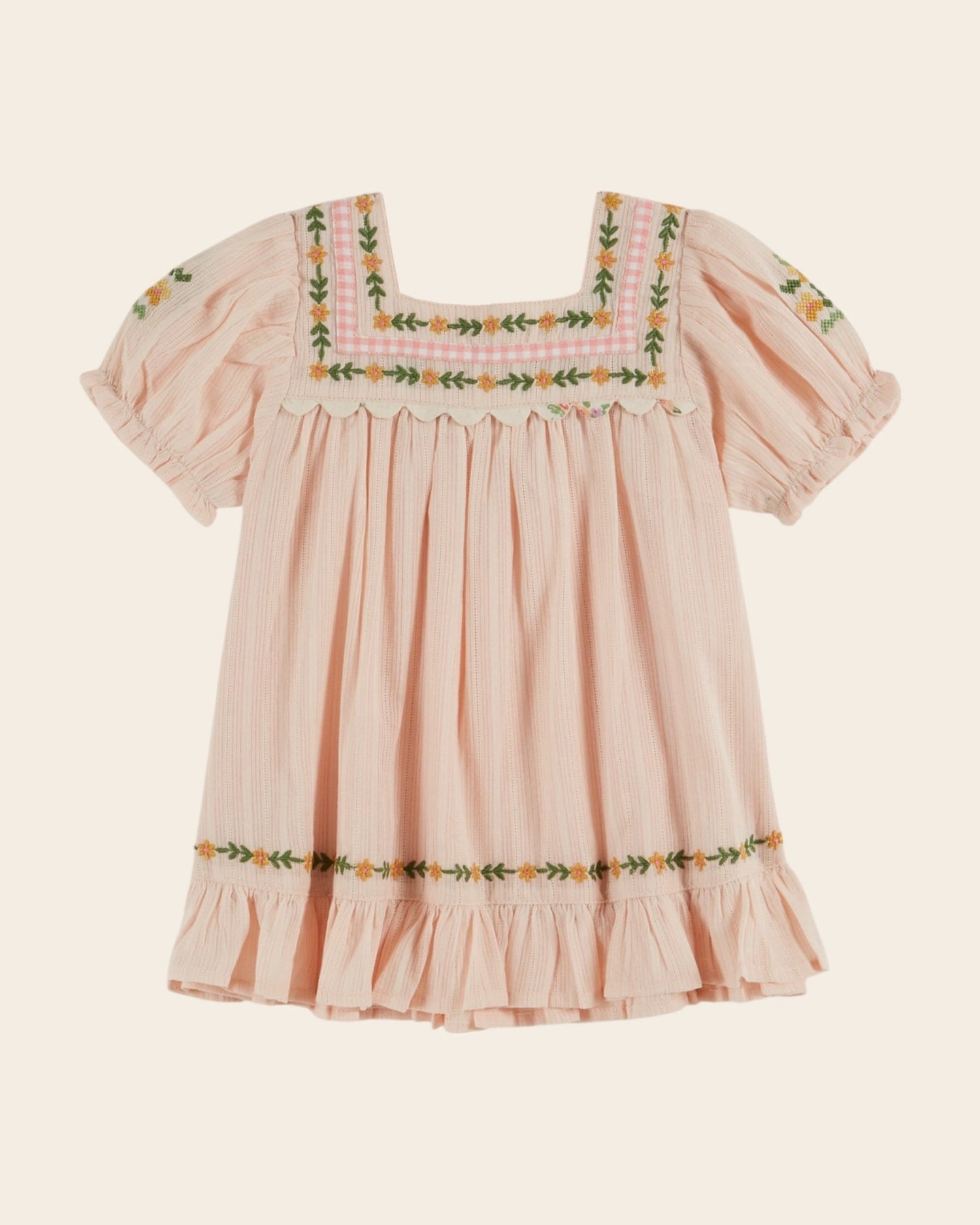 Emile et Ida Pink Floral Embroidered Dress – Cotton Girls Puff Sleeve Dress Emile et ida