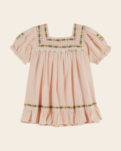Emile et Ida Pink Floral Embroidered Dress – Cotton Girls Puff Sleeve Dress Emile et ida