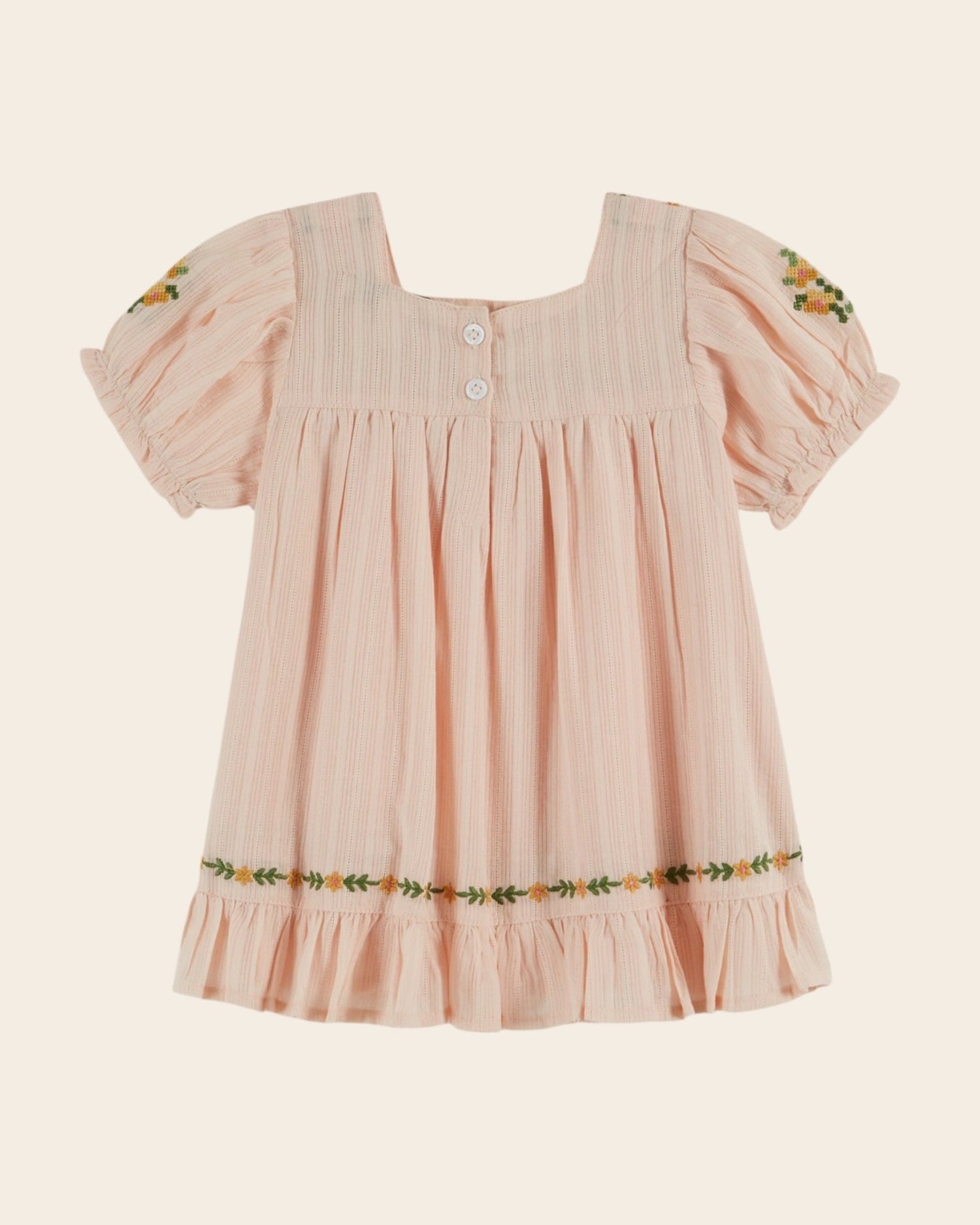 Emile et Ida Pink Floral Embroidered Dress – Cotton Girls Puff Sleeve Dress Emile et ida