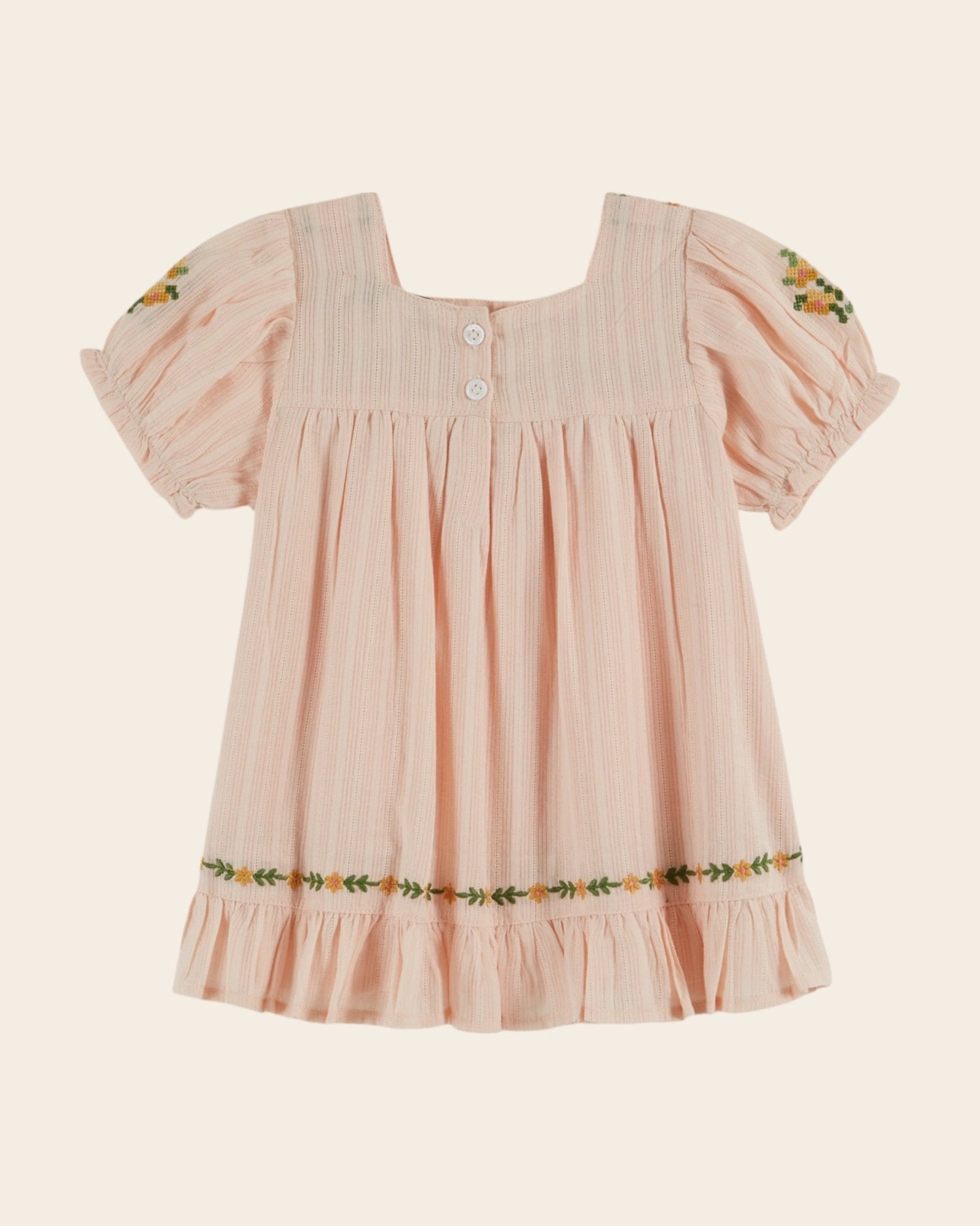 Emile et Ida Pink Floral Embroidered Dress – Cotton Girls Puff Sleeve Dress Emile et ida