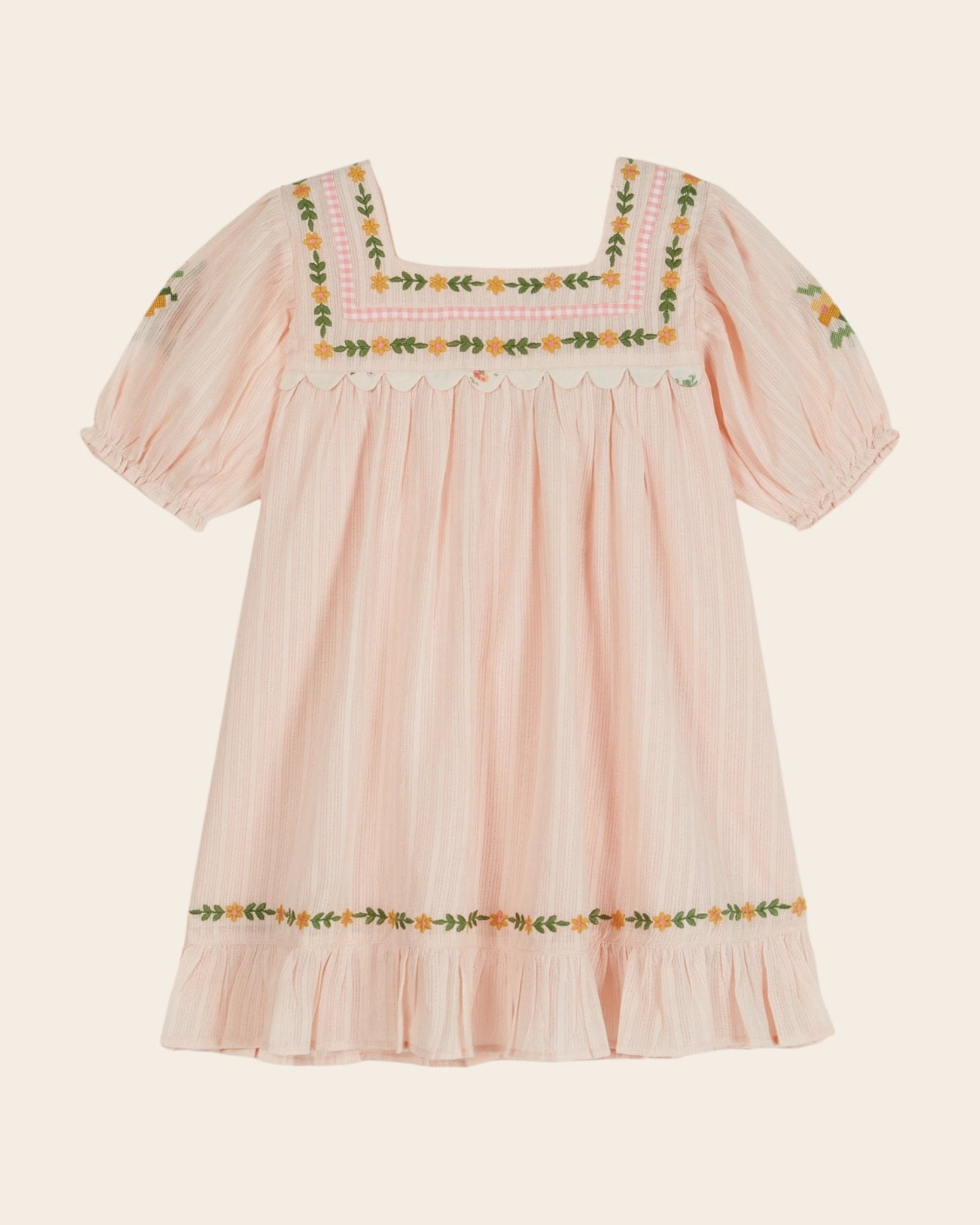 Emile et Ida Pink Floral Embroidered Dress – Cotton Girls Puff Sleeve Dress Emile et ida