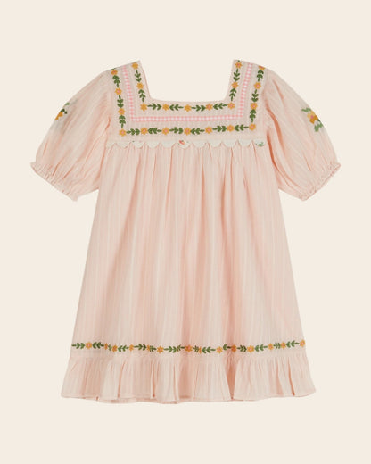 Emile et Ida Pink Floral Embroidered Dress – Cotton Girls Puff Sleeve Dress Emile et ida