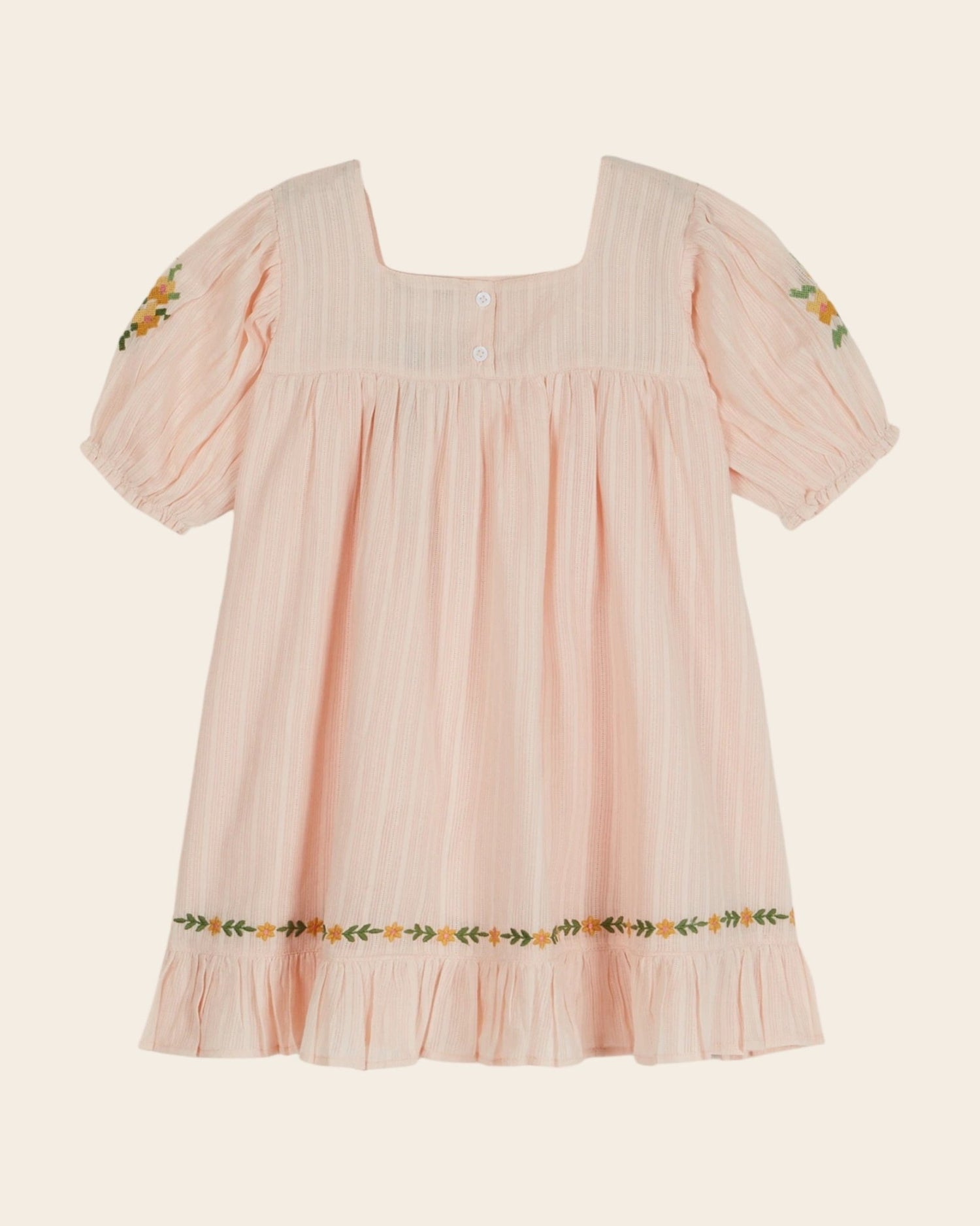 Emile et Ida Pink Floral Embroidered Dress – Cotton Girls Puff Sleeve Dress Emile et ida