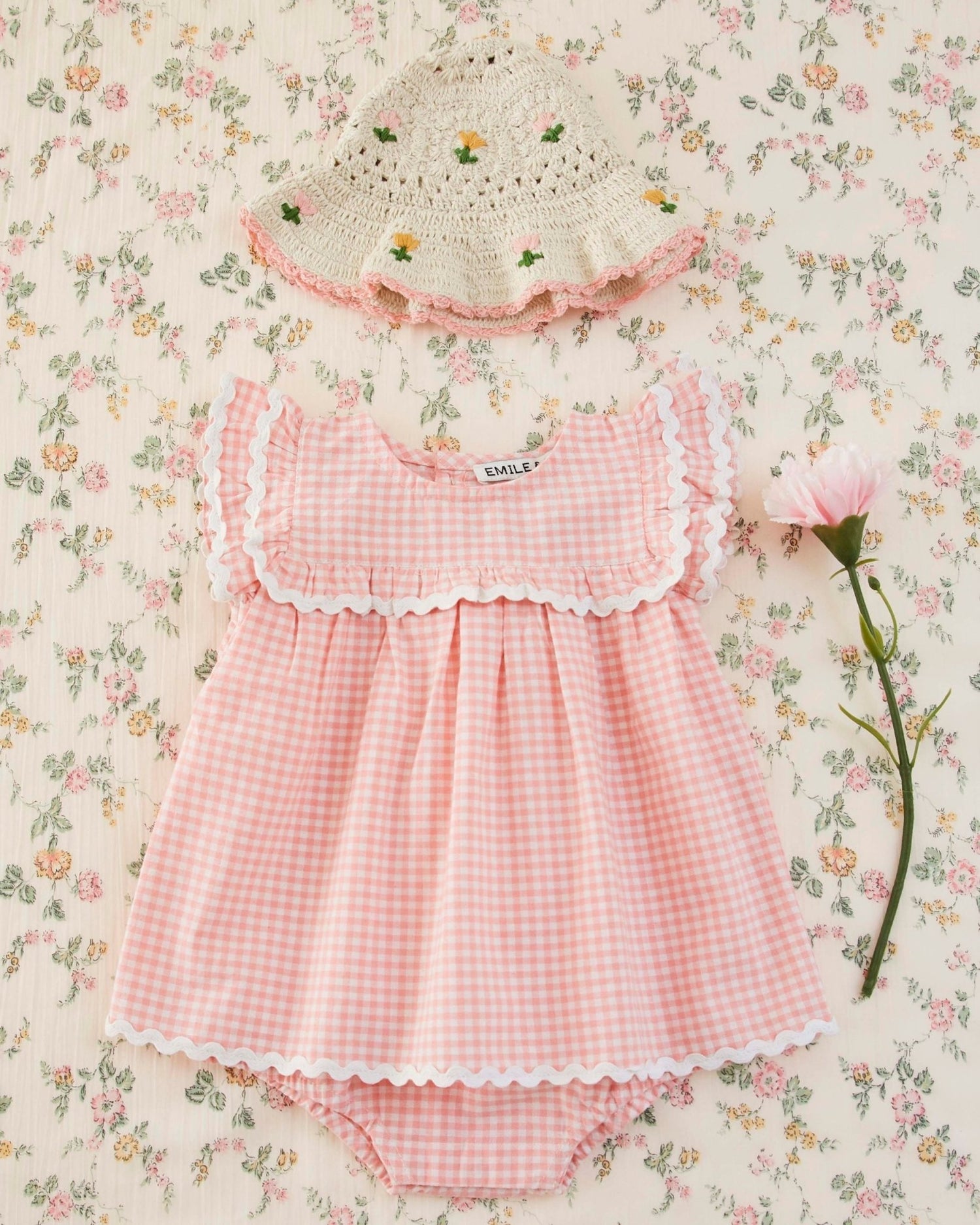 Emile et Ida Pink Gingham Baby Romper Dress Emile et ida