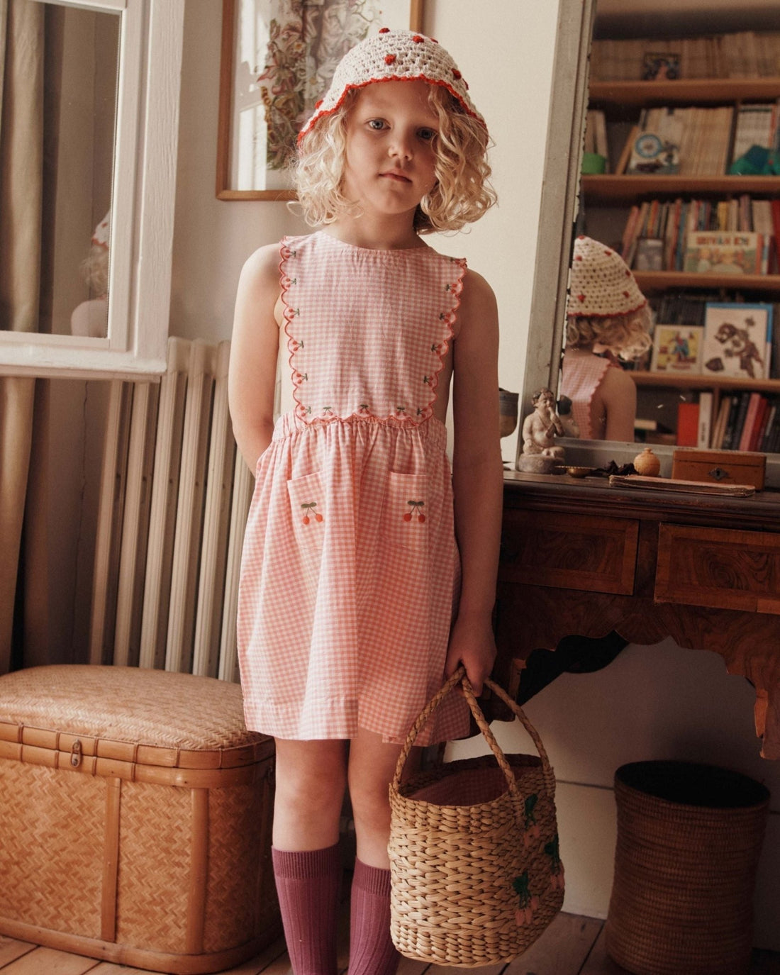 Emile et Ida Pink Gingham Embroidered Dress – Organic Cotton Girls Dress Emile et ida