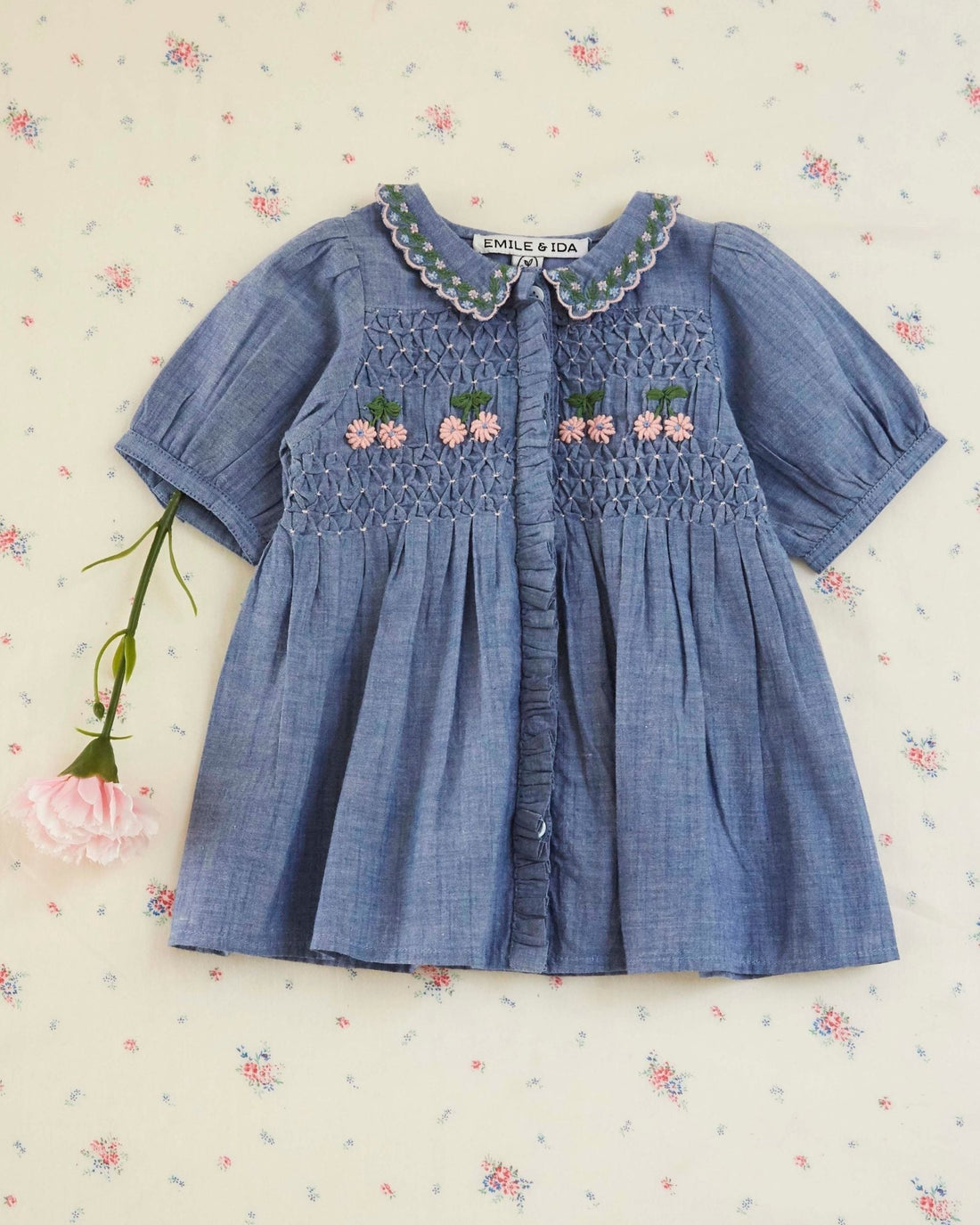Emile et Ida Smocked Chambray Dress – Hand - Embroidered Cotton Girls Dress Emile et ida