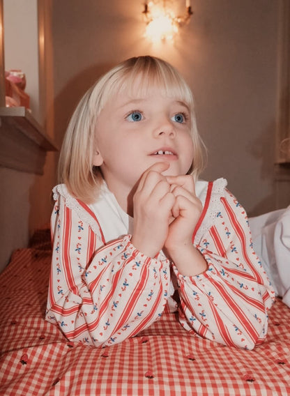 Close-up of Flöss Noelle Holiday Stripe dress showing its embroidered white yoke