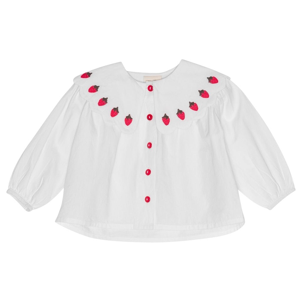 Flöss Everlyn Long Sleeve Blouse – Bright White with Berry Embroidery Flöss