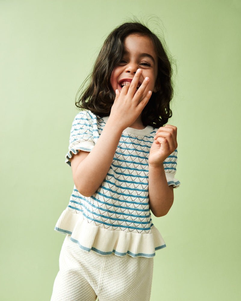 FUB Pointelle Knit Tee – Ecru/Sea | Organic Cotton Kids Top FUB