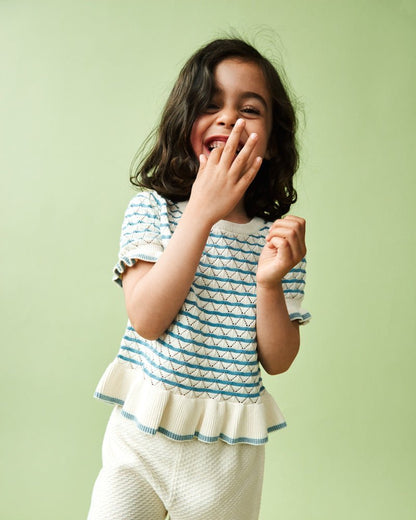 FUB Pointelle Knit Tee – Ecru/Sea | Organic Cotton Kids Top FUB