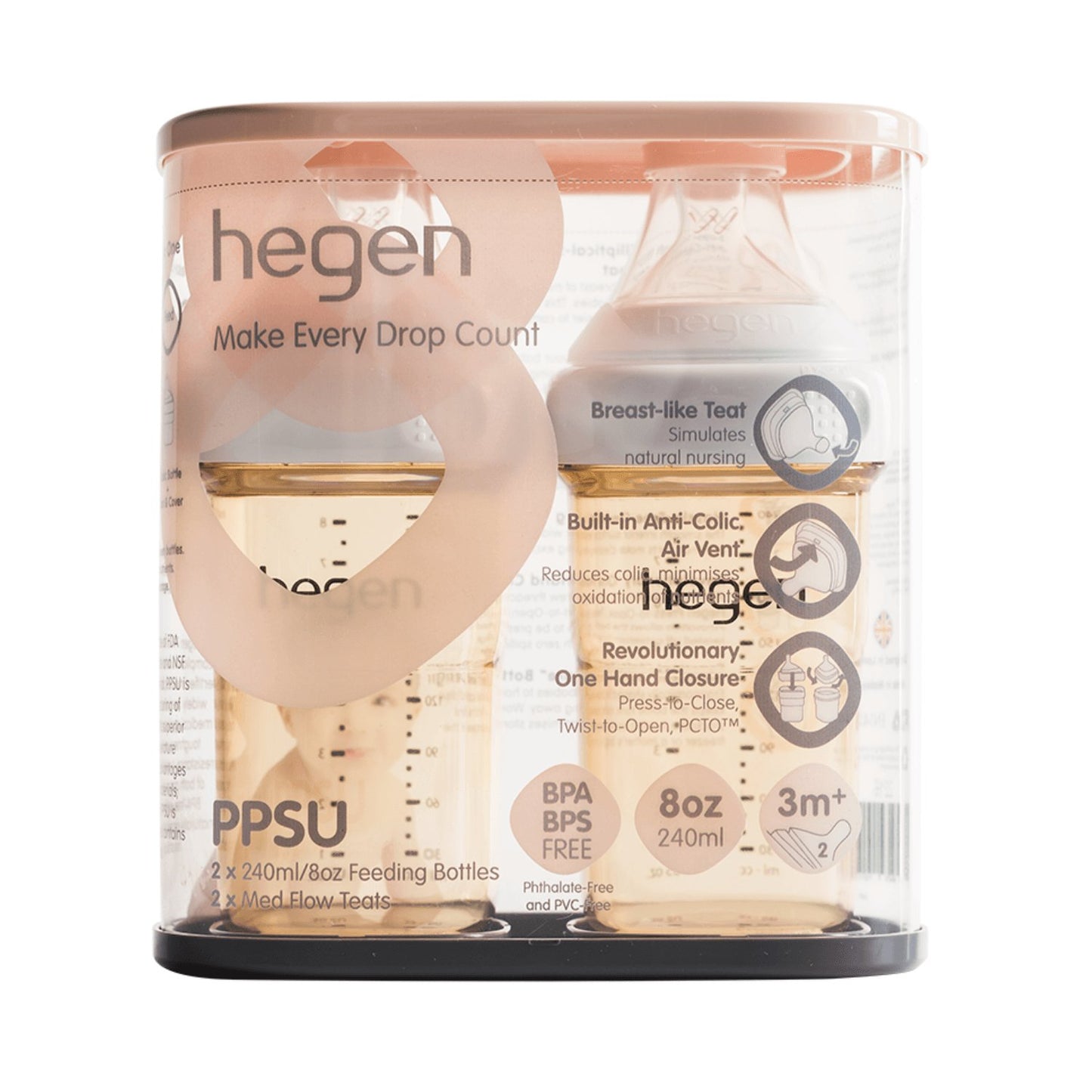 Hegen PCTO™ 240ml/8oz Feeding Bottle PPSU, 2 - Pack with 2 x Medium Flow Nipple (3 to 6 months) Hegen - enjoykidsus