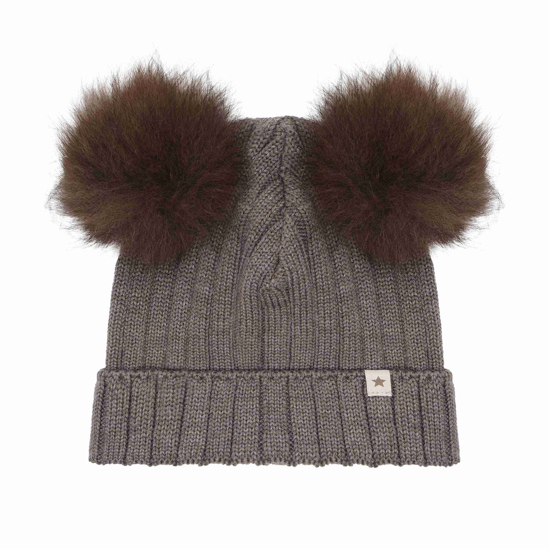Huttelihut Wool Knit Hat with Alpaca Pompoms in Brown Melange - product view