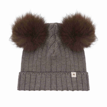 Huttelihut Wool Knit Hat with Alpaca Pompoms in Brown Melange - product view