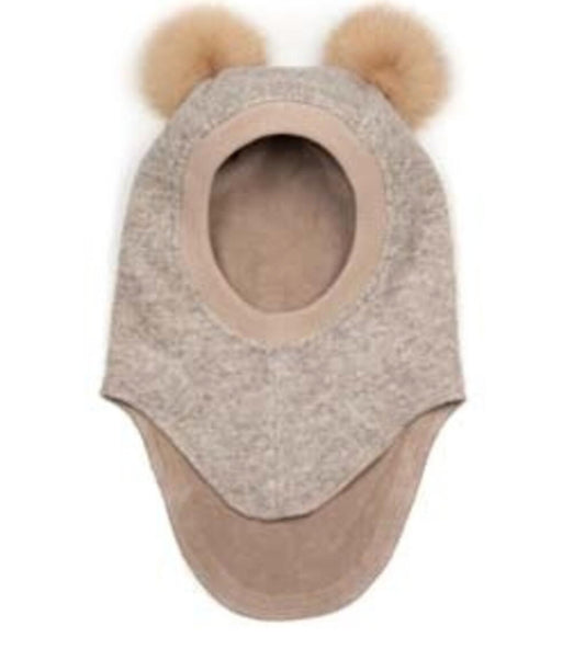 Huttelihut Sand Melange Balaclava Wool with 2 Camel Alpaca Pompoms Huttelihut - enjoykidsus